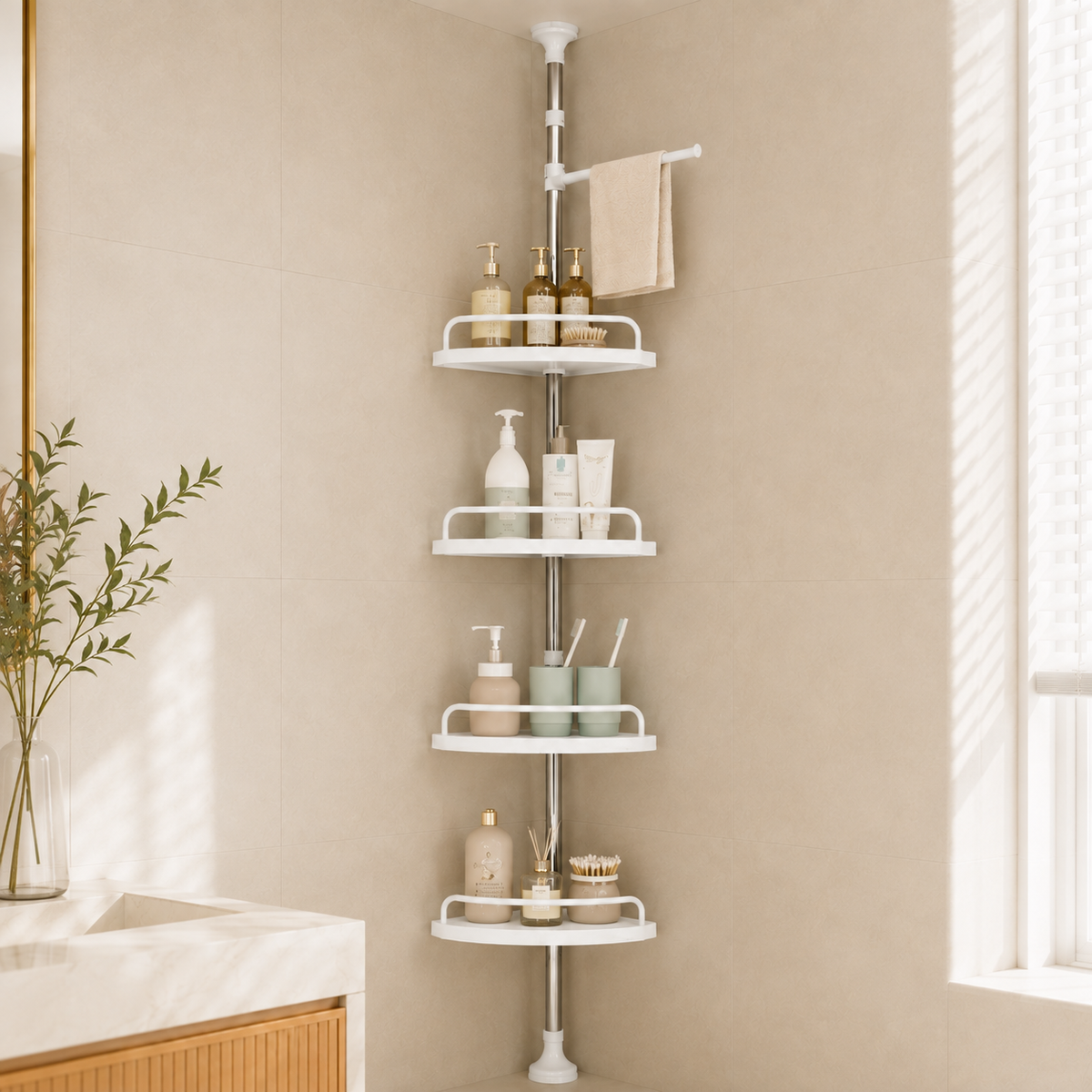 Multipurpose Bathroom Rack with Hooks and Towel Bar - 4 Tier