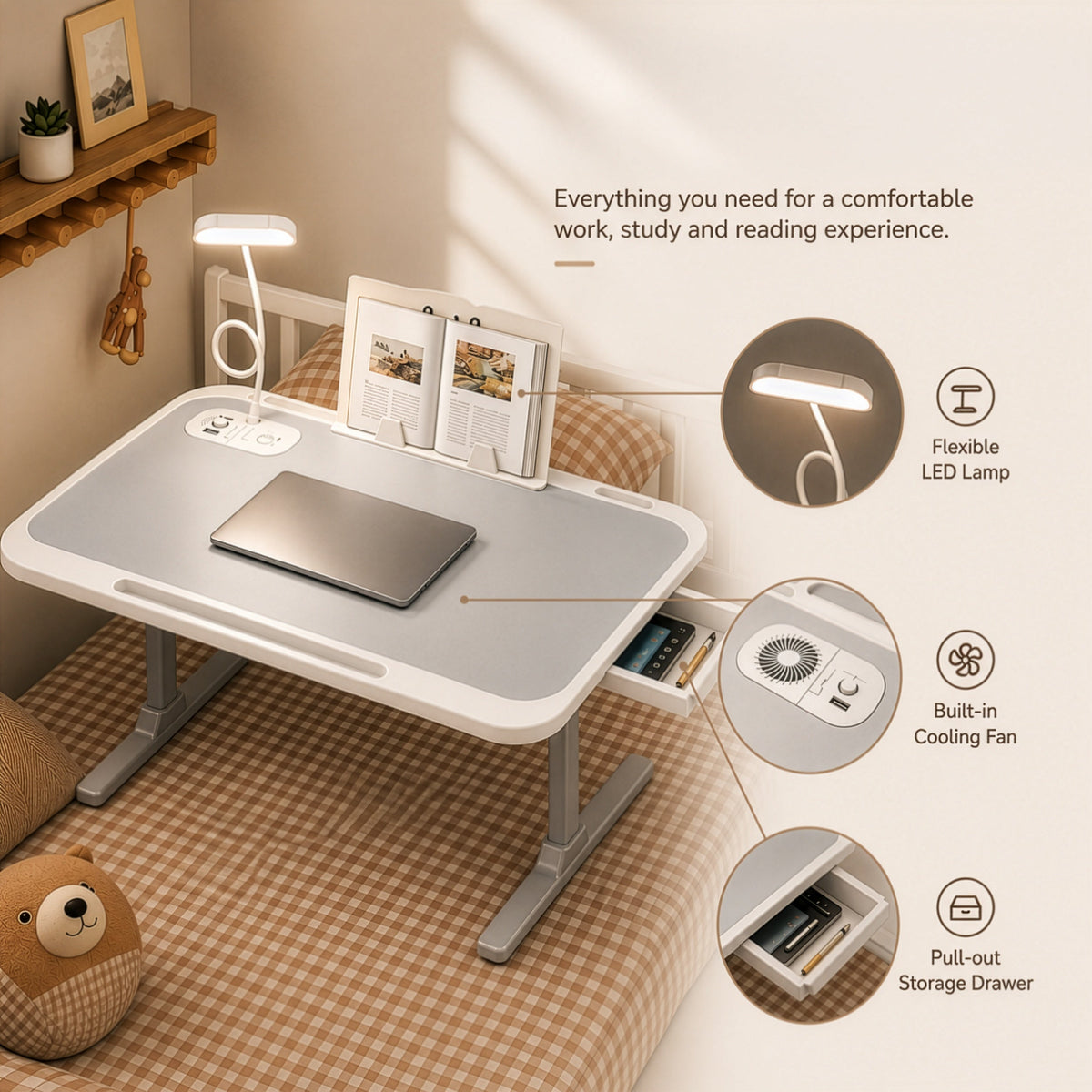 Premium Foldable Bed Table Adjustable Height Multifunction Table with Light