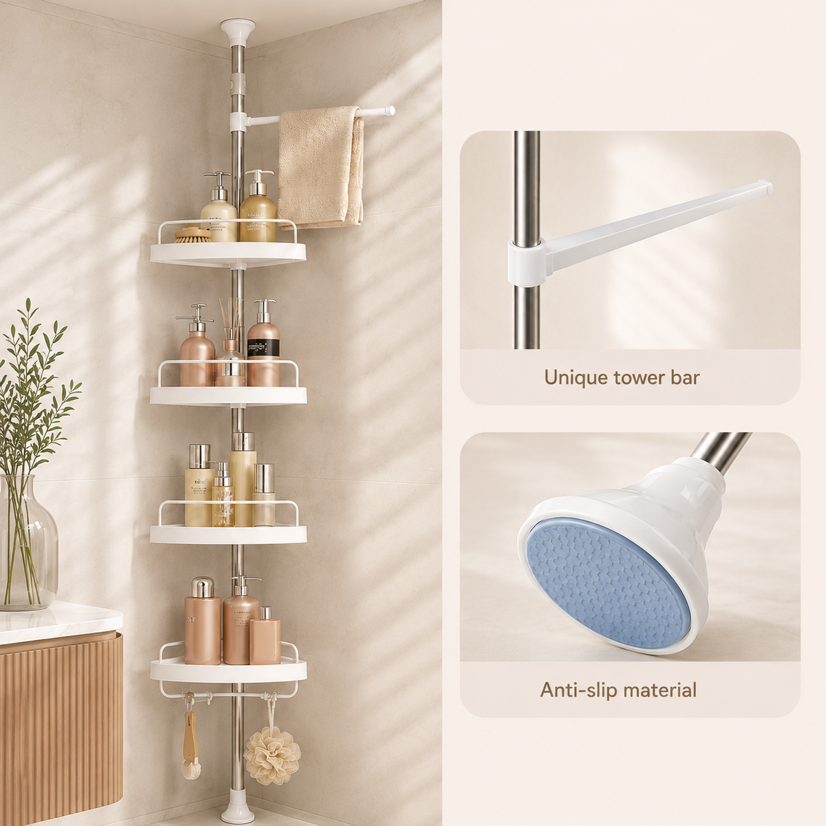 Multipurpose Bathroom Rack with Hooks and Towel Bar - 4 Tier