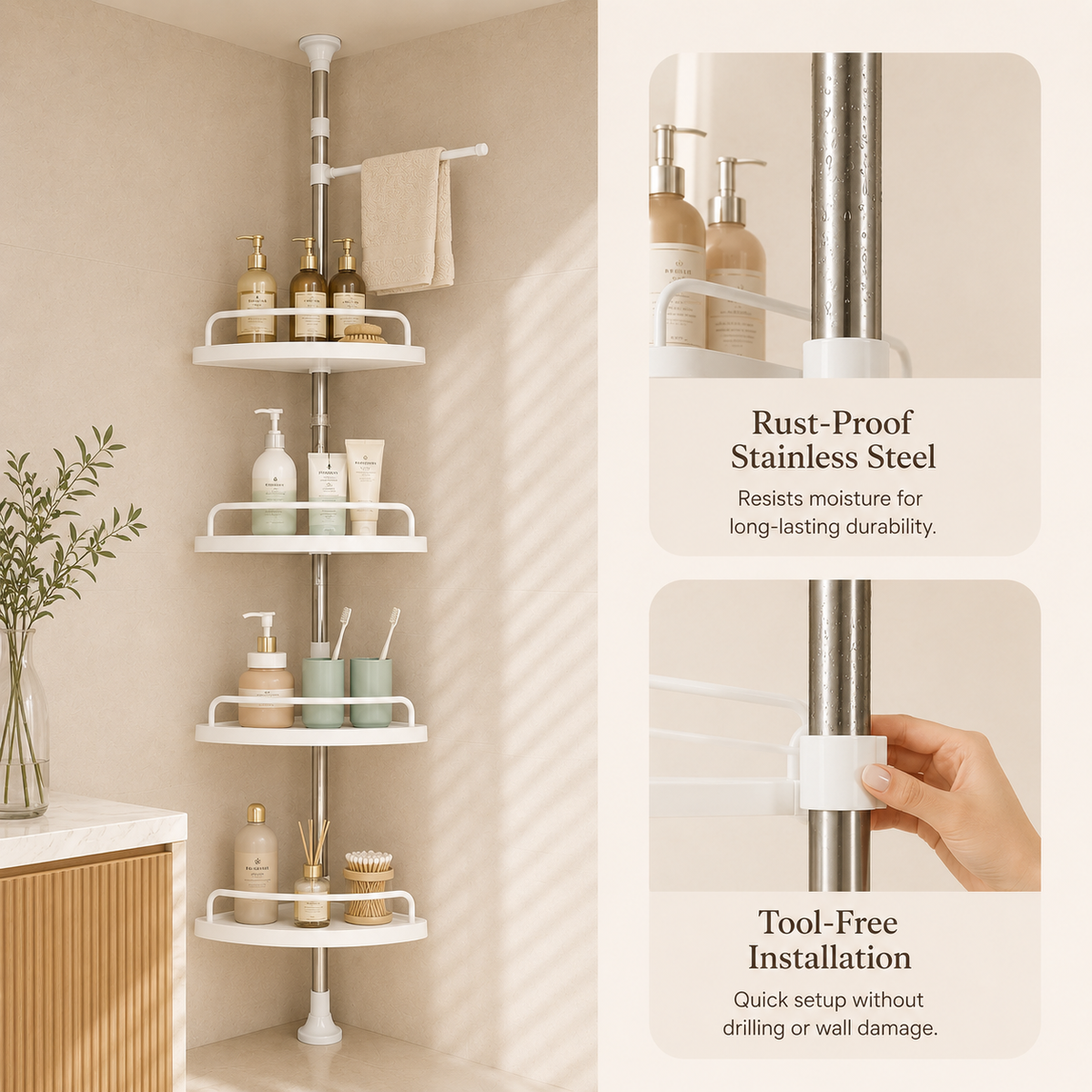 Multipurpose Bathroom Rack with Hooks and Towel Bar - 4 Tier